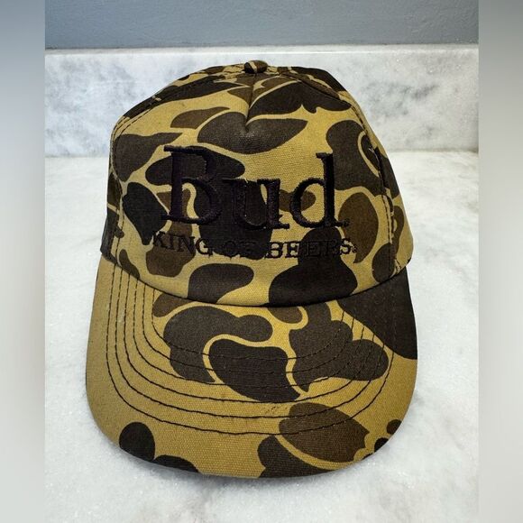 Vintage Bud King Of Beers Hat Cap Mens Snapback Brown Camouflage Made in USA 80s - Picture 11 of 12